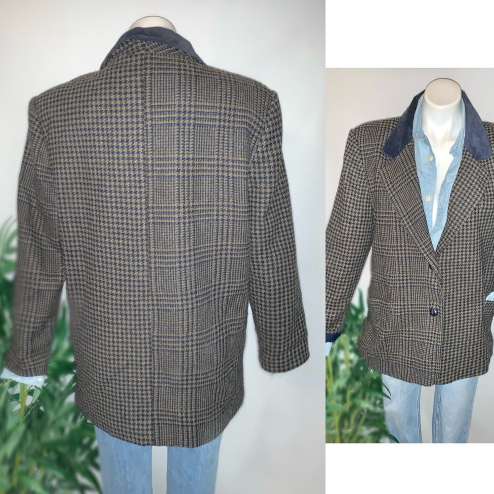 v i n t a g e :: Plaid Houndstooth Wool Leather Collar Blazer - Picture 5 of 13